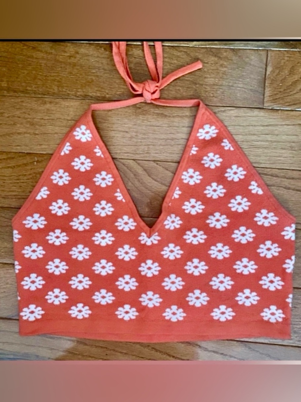 Y2K Daisy Halter Knit Crop Top Orange White Coquette Festival XS/S
